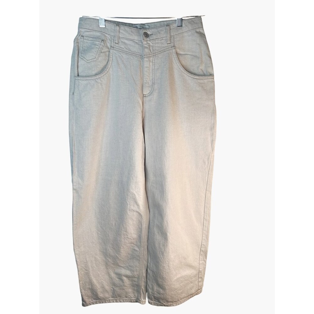 ZARA Linen Blend Small Wide Leg Pants Beige